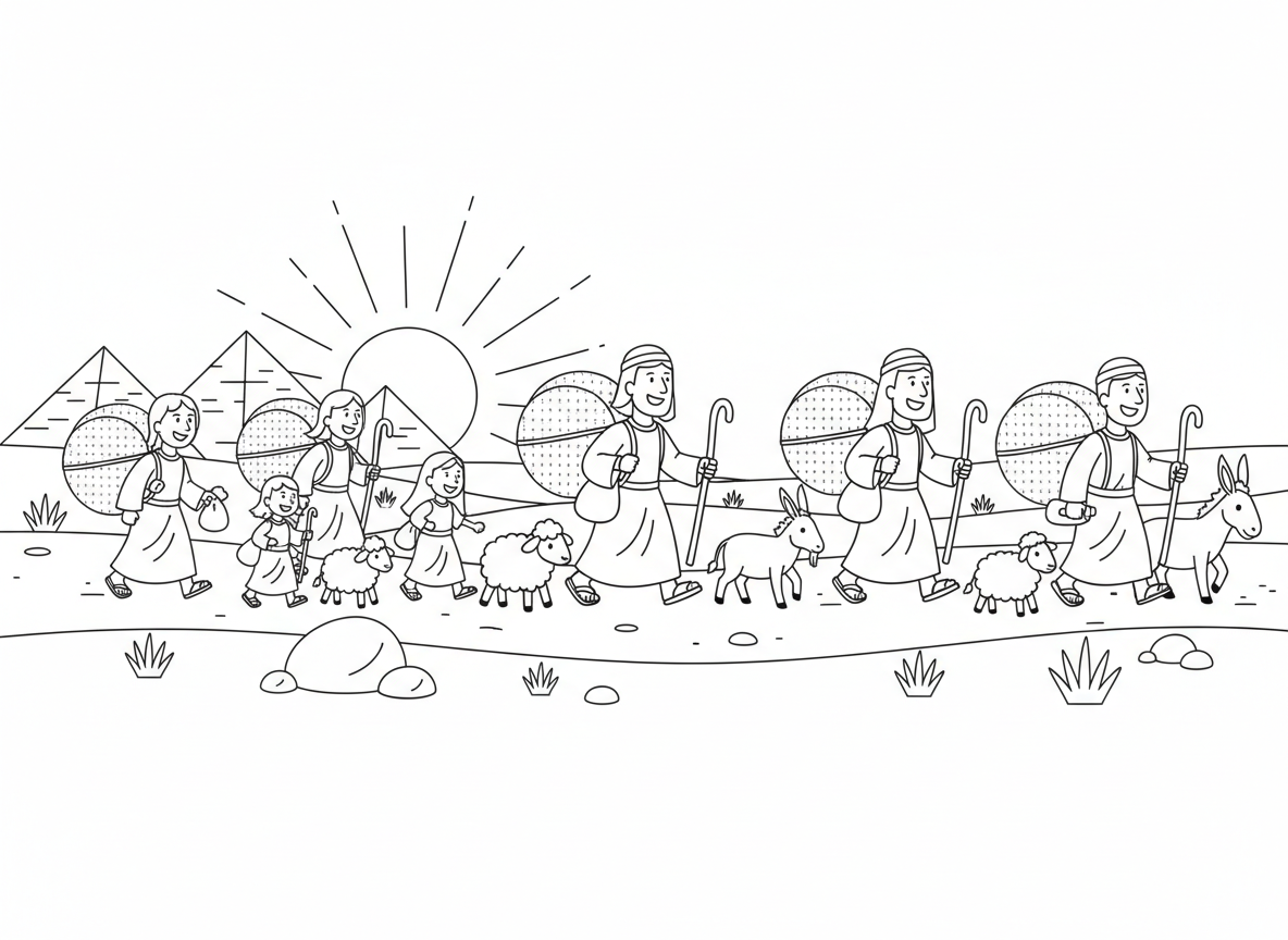 בני ישראל יוצאים ממצרים עם מצות על הגב - סצנה שמחה של בני ישראל יוצאים ממצרים בחיפזון, נושאים בצק מצות על הגב, משפחות עם ילדים וחיות, פירמידות מאחוריהם, שביל מדברי לפניהם, זריחה