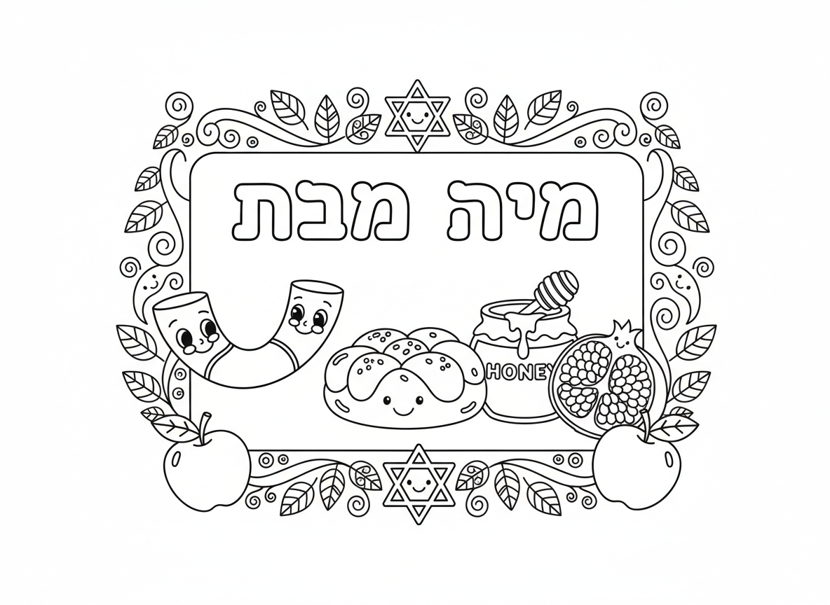 כרטיס ברכה לשנה טובה עם סמלים - עיצוב כרטיס ברכה לראש השנה עם שנה טובה, מעוטר בתפוחים, צנצנת דבש, רימון, שופר, חלה עגולה, מגן דוד, מסגרת חגיגית, עלי סתיו