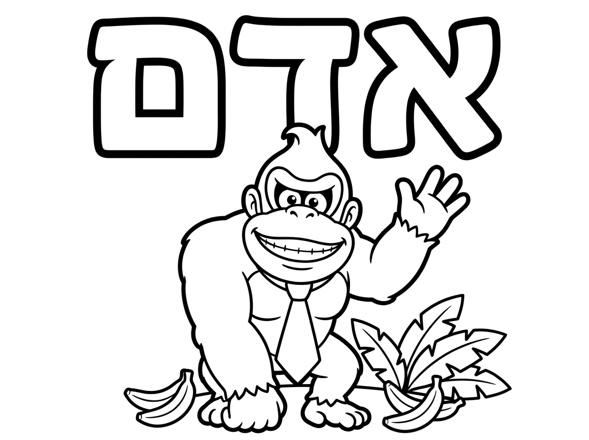 תיצור לי דף צביעה עם הדמות דונקי קונג וכתוב אדם