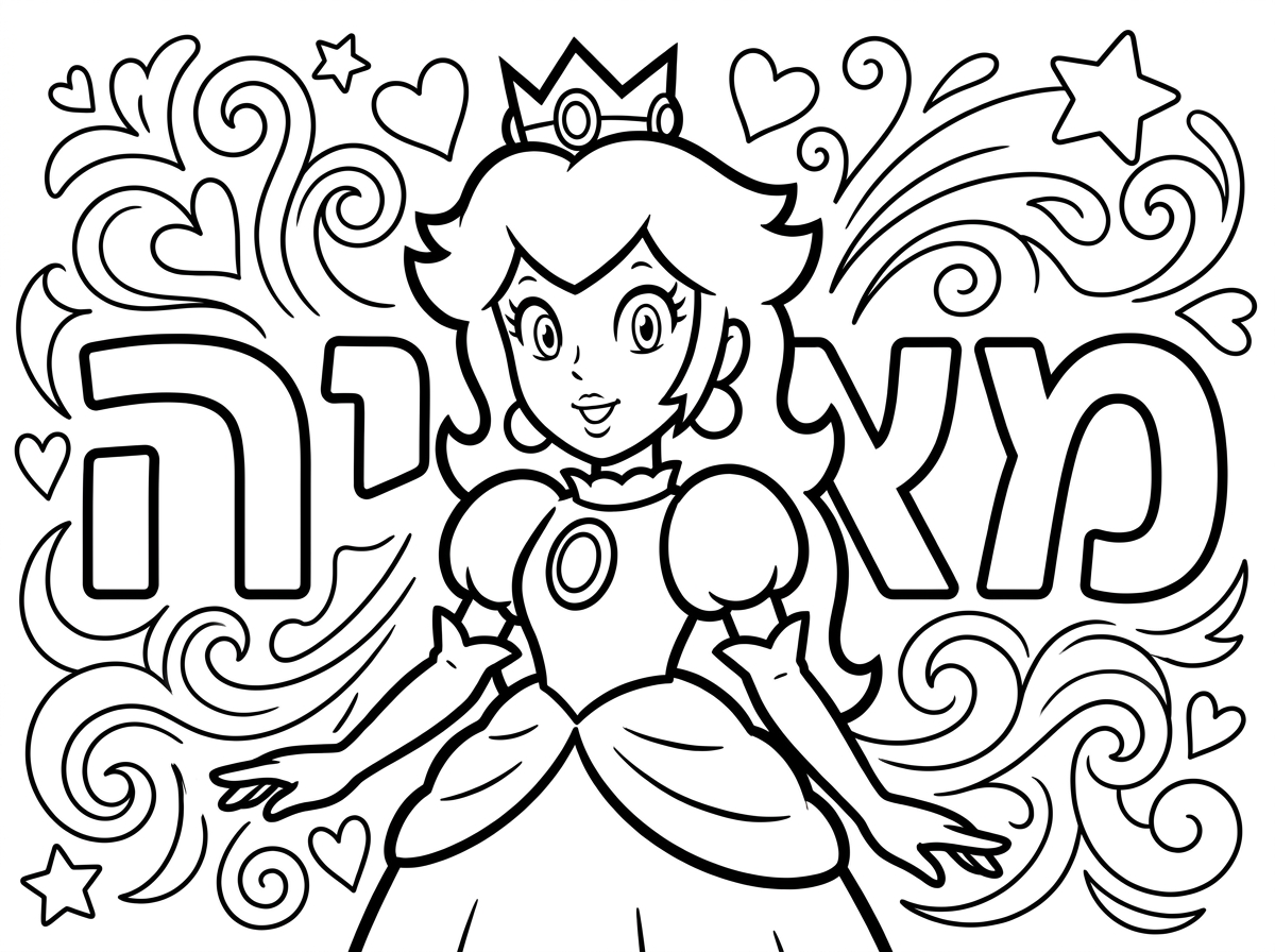 תיצור לי דף צביעה עם הדמות peach ממריו עם השם מאיה מאחורה