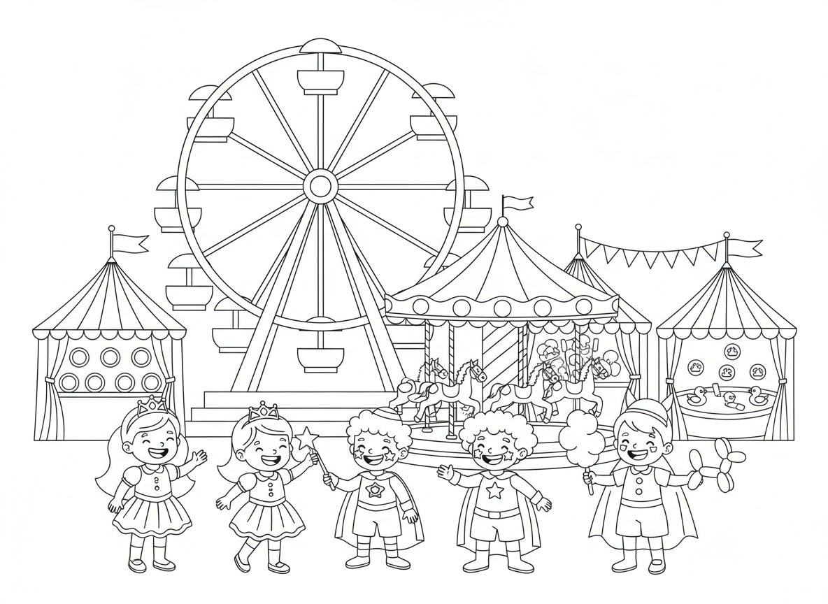 קרנבל פורים עם שעשועים ומשחקים - קרנבל פורים כיפי עם שעשועים, משחקים ופעילויות, גלגל ענק, שערות סבתא, ציורי פנים, בלוני חיות, ליצנים, קרוסלה, אוהלים צבעוניים, ילדים בתחפושות נהנים