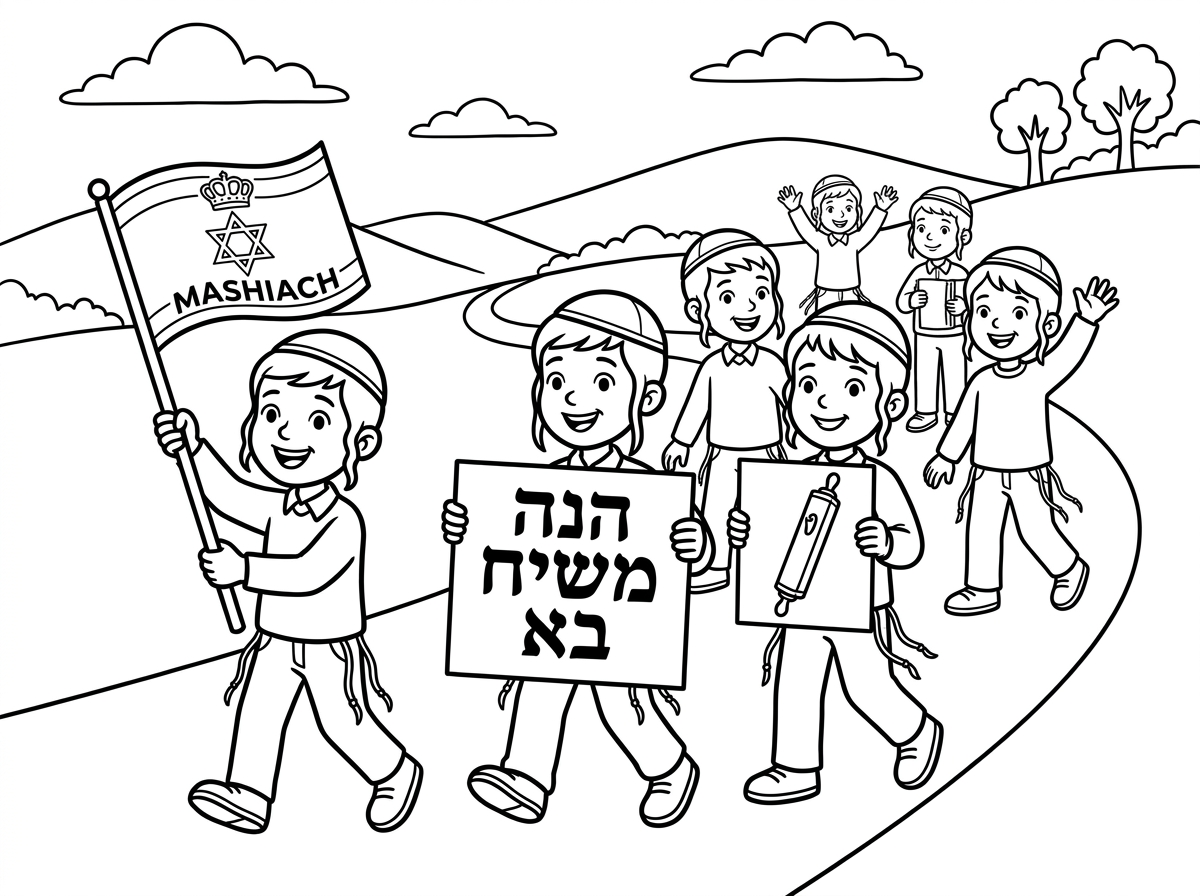 ציור ילדים עם כיפות וציצית שהולכים עם תהלוכה, דגל משיח, ילד אחד יחזיק שלט, הנה משיח בא, שלט עם מזוזה, לצייר אולי כביש, ילדים שהולכים בכביש.