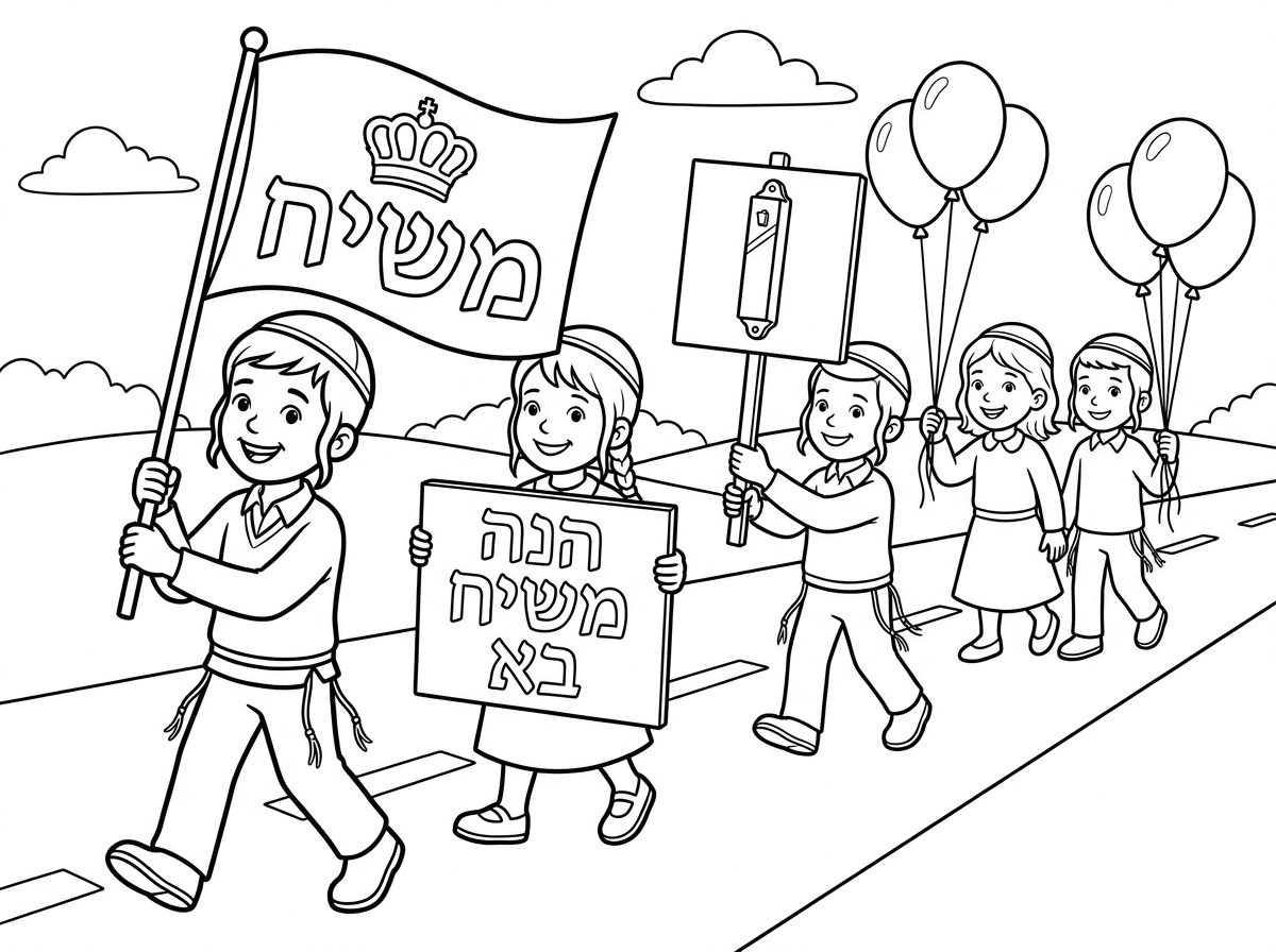 להשנות את הדגל משיח, להוריד את מגן דוד. לצייר כתר ולרשום משיח. אולי ילדים בסוף ילד אחד שני ילדים שמחזיקים בלון.
