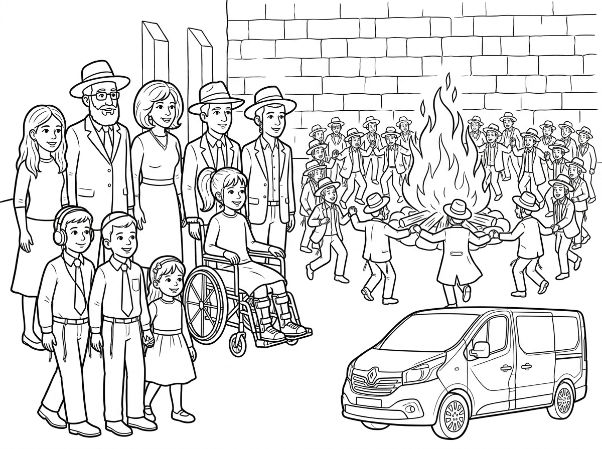 משפחת כהן 
אבא עם כובע וחליפה ועניבה 
אמא עם פאה לבושה בשמלה חגיגית
בחורה כבת 17 בלבוש חגיג עם חצאית
בחור כבן 14 עם כובע וחליפה
בחור כבן 13 עם כובע וחליפה
ילדה כבת 12 בכיסא גלגלים וסדים ברגליים עם קוקו וחצאית בלבוש חגיגי ושמנמנה
ילד כבן 10 שמנמנן במכנס שחור וחולצה לבנה ועניבה
ילד כבן 8 לובש מכנס שחור וחולצה לבנה ועניבה 
ילד כבן 7 לובש מכנס שחור וחולצה לבנה עם אוזניות
ילדה כבת 4.5 לבושה חגיגי עם שמלה ושמנמנה
כולם מגיעים ברכב מסוג טרפיק שחור ברכב נראה ממש בפינה 
למדורת ל"ג בעומר ברחבת בכותל המערבי כנראה בקרע.
המדורה באמצע ברווחה עם עשרות הרבה הרבה בני ישיבה רקדנים מול הלהבות של המדורה.