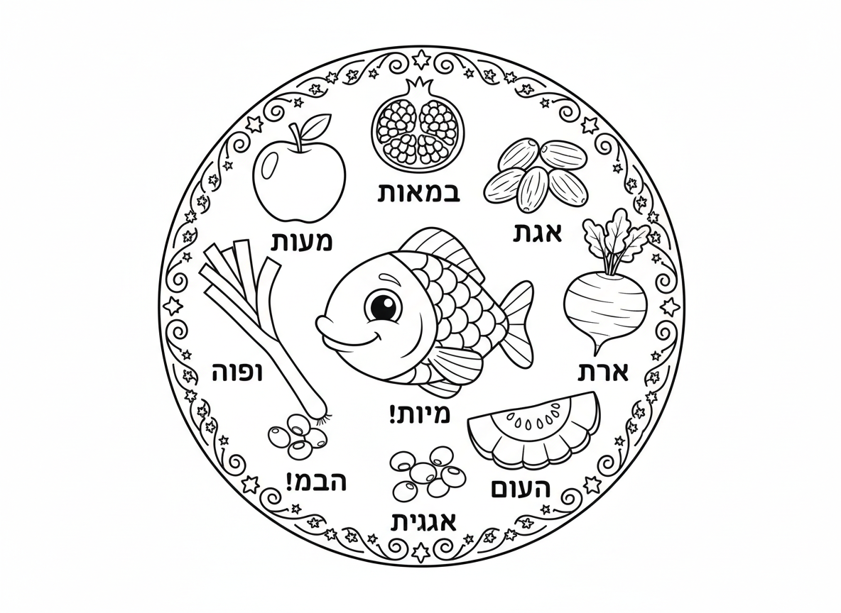 ראש דג על צלחת ראש השנה - צלחת דקורטיבית עם מאכלי סימנים מסורתיים של ראש השנה: ראש דג, תפוח, רימון, תמרים, לוביה, כרתי, סלק, דלעת, סידור יפה, ברכות בעברית