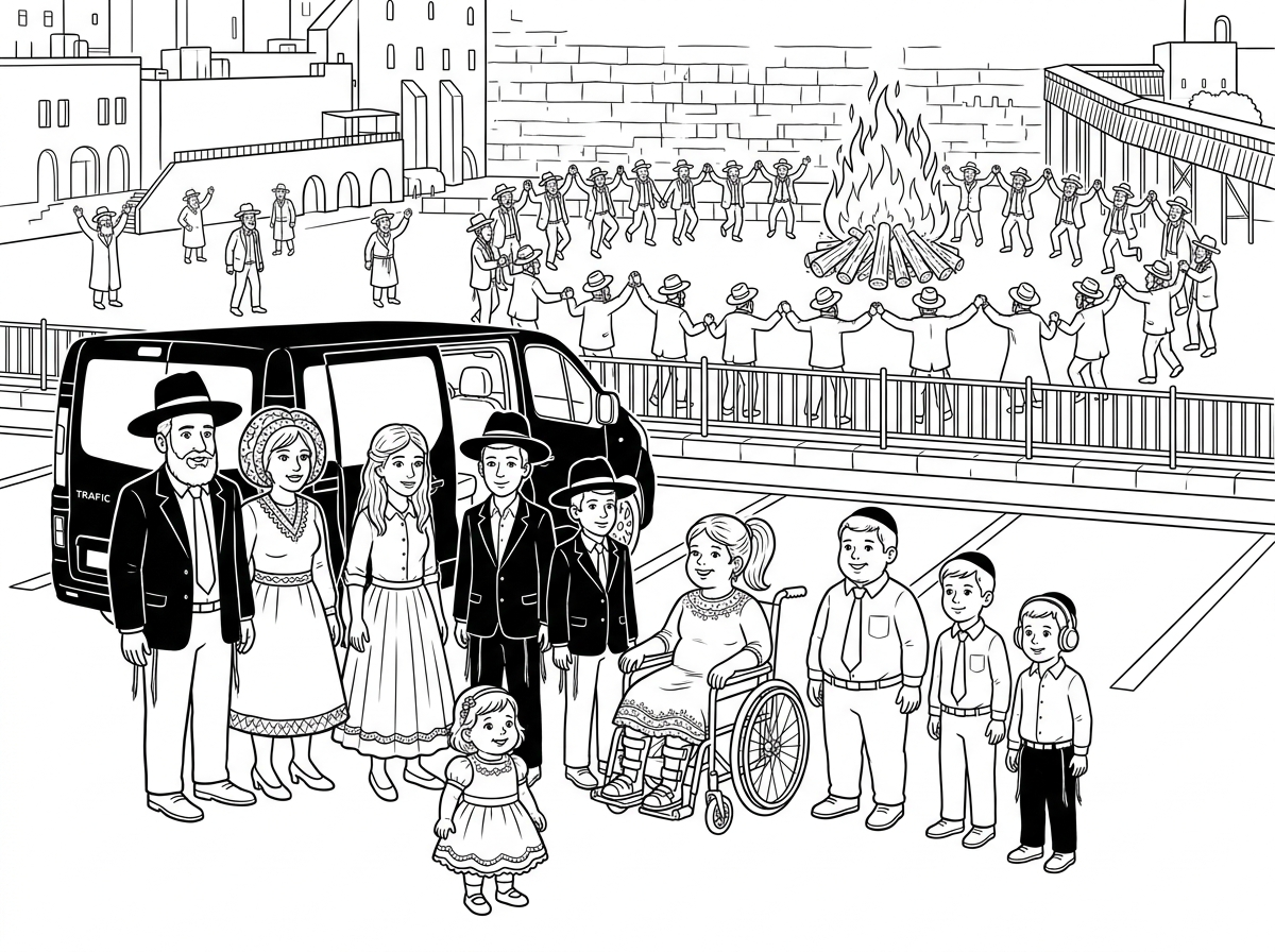 הרכב ומשפחת כהן מחוץ לכותל בחנייה הרכבים
ובכותל עשרות בחורים רוקדים
