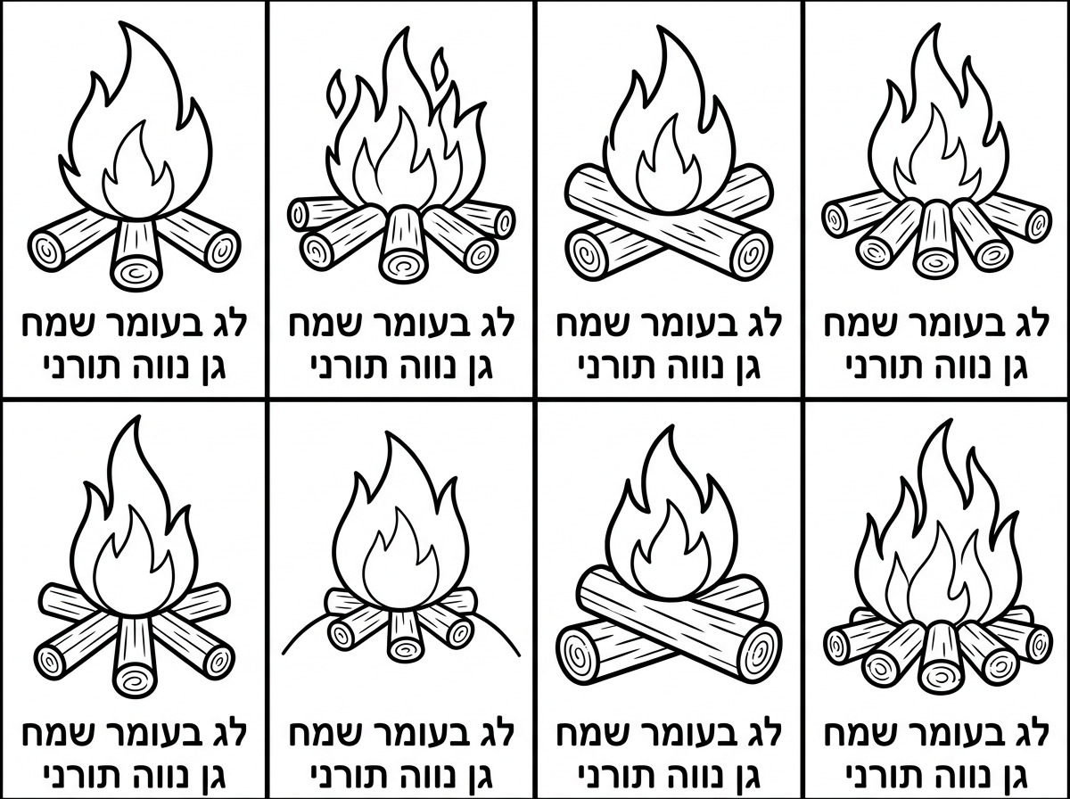 תחלק לי את הדף ל8 חלקים ושבכל משבצת יהיה דף צביעה של מדורה שיהיה כתוב למטה בקטן לג בעומר שמח גן נווה תורני