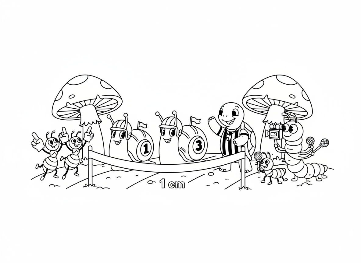 אליפות מירוצי חילזונות - חילזונות עם מספרי מירוץ וקסדות זעירות, צב כשופט, נמלים מעודדות ביציעים עם אצבעות קצף, קו סיום סנטימטר אחד קדימה, וצוות צילום זחלים מצלם את הפעולה