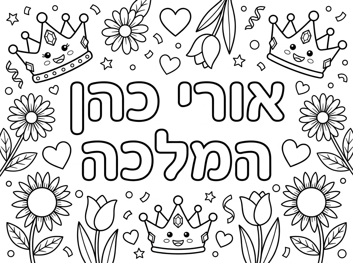 דף לרוחב. באמצע הדף לכתוב בכתב שאפשר לצבוע בפנים אורי כהן המלכה. מסביב פרחים, לבבות, כתרים של מלכה וקונפטי