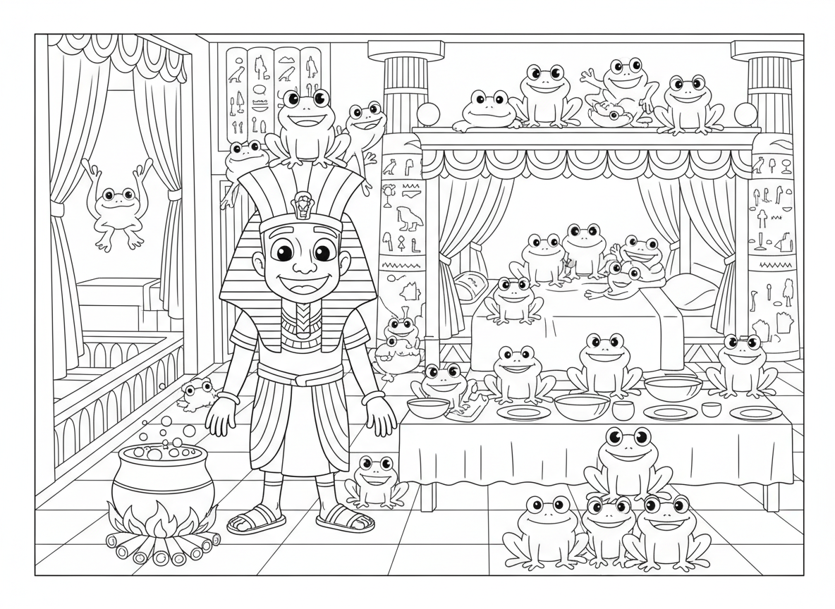 צפרדעים בכל מקום - מכת צפרדעים - סצנה מצחיקה של צפרדעים חמודות בכל מקום במכת הצפרדעים במצרים, צפרדעים במיטות, על שולחנות, בסירי בישול, על כתר פרעה, קופצות ומשחקות, ארמון מצרי ברקע