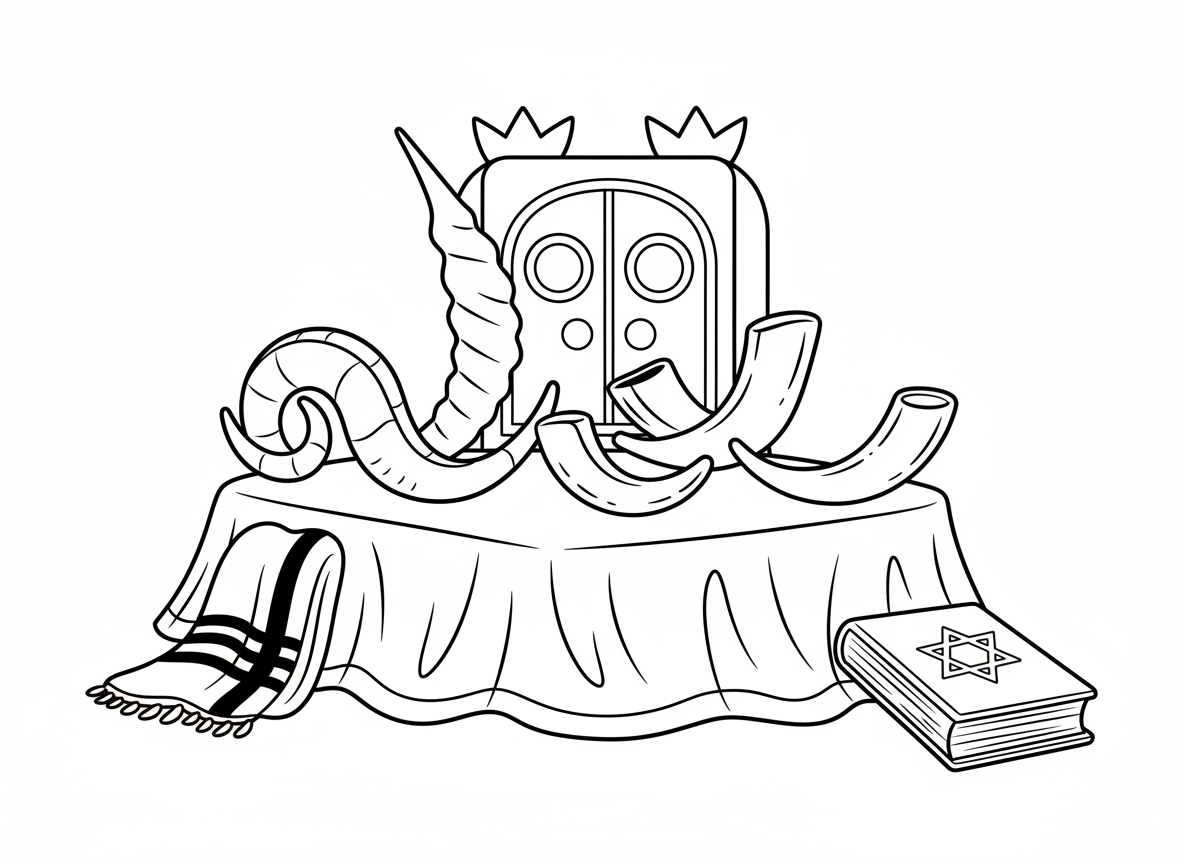 אוסף שופרות בסוגים שונים - אוסף שופרות שונים מוצגים: קרן איל, קרן קודו, גדלים ועיקולים שונים, על תצוגת קטיפה, רקע ארון קודש, טלית, סידור תפילה