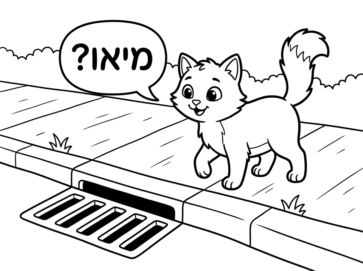 צייר לי חתול הולך על המדרכה ויש פתח של ביוב בצד הכביש עם חמישה סורגים ומהחתול יוצא בועת דיבור וכתוב מיאו עם סימן שאלה