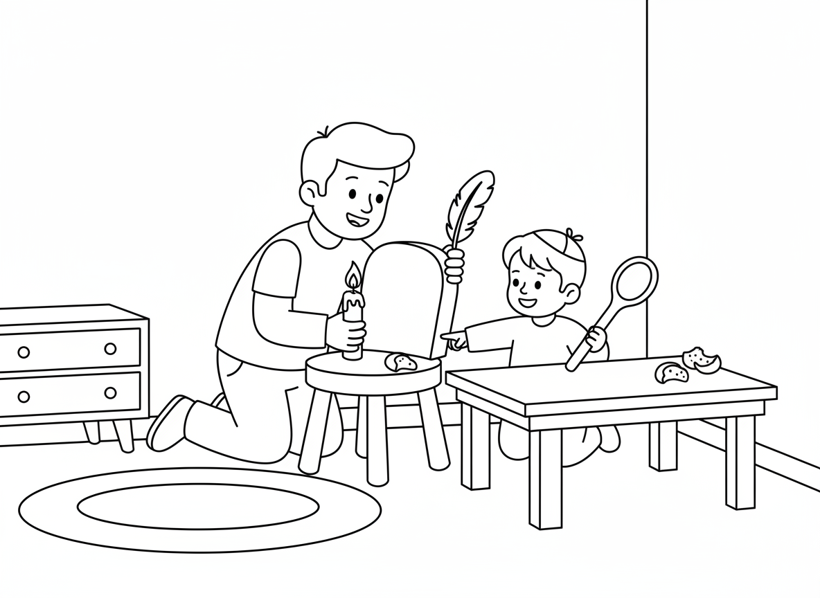 בדיקת חמץ עם נר - הורה וילד מחפשים חמץ בלילה שלפני פסח, מחזיקים נר ונוצה, מחפשים מתחת לרהיטים ובפינות, פירורי לחם מוסתרים, כף עץ