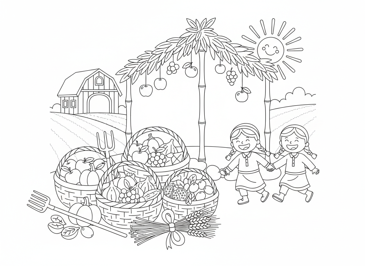 סצנת חג הקציר סוכות - סצנת חג קציר לסוכות, סלסלות פירות וירקות, אלומות חיטה, ענבים, תאנים, תמרים, רימונים, זיתים, כלי חקלאות, אסם ושדות, אווירת הודיה