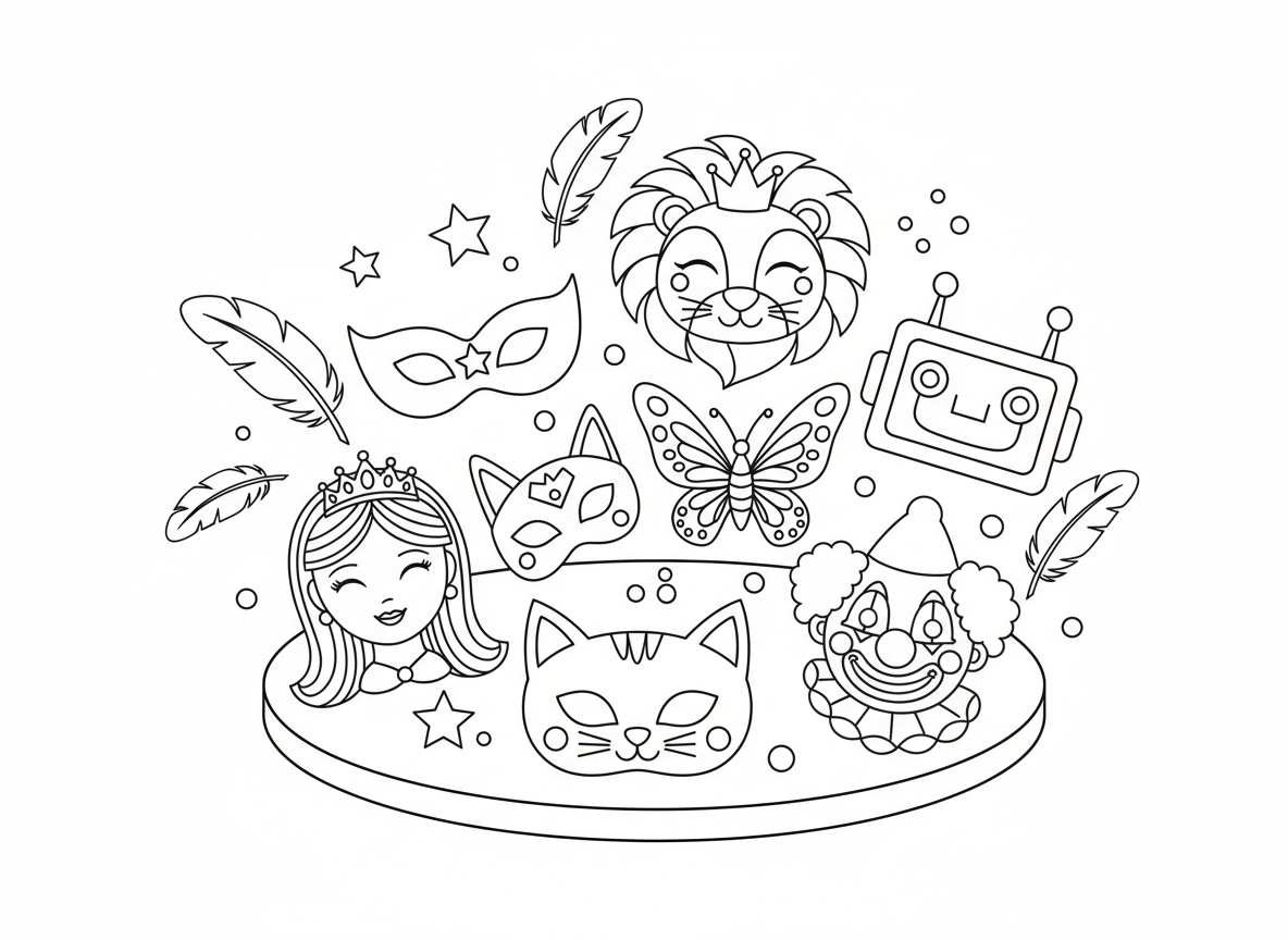 אוסף מסכות פורים - אוסף מסכות פורים יפות: חתול, אריה, פרפר, נסיכה, רובוט, גיבור על, ליצן, פרוסות על שולחן, נצנצים ונוצות, צבעוני וחגיגי