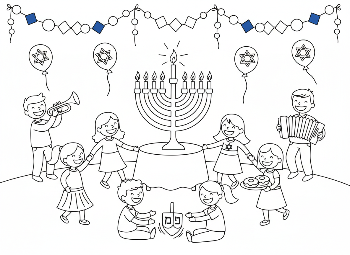 מסיבת חנוכה - מסיבת חנוכה תוססת עם אנשים רוקדים, משחקים בסביבון, אוכלים סופגניות, חנוכייה זוהרת, קישוטים בכחול לבן וזהב, כלי נגינה, בלונים, חגיגה שמחה