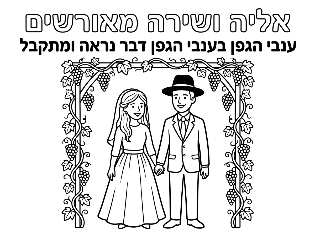 למעלה כיתוב 
אליה ושירה מאורשים
ענבי הגפן בענבי הגפן דבר נראה ומתקבל
ציור של חתן וכלה מאורשים
הכלה חרדית עם חצאית חגיגית ושיער פזור
החתן עם כובע חליפה ועניבה מגולח