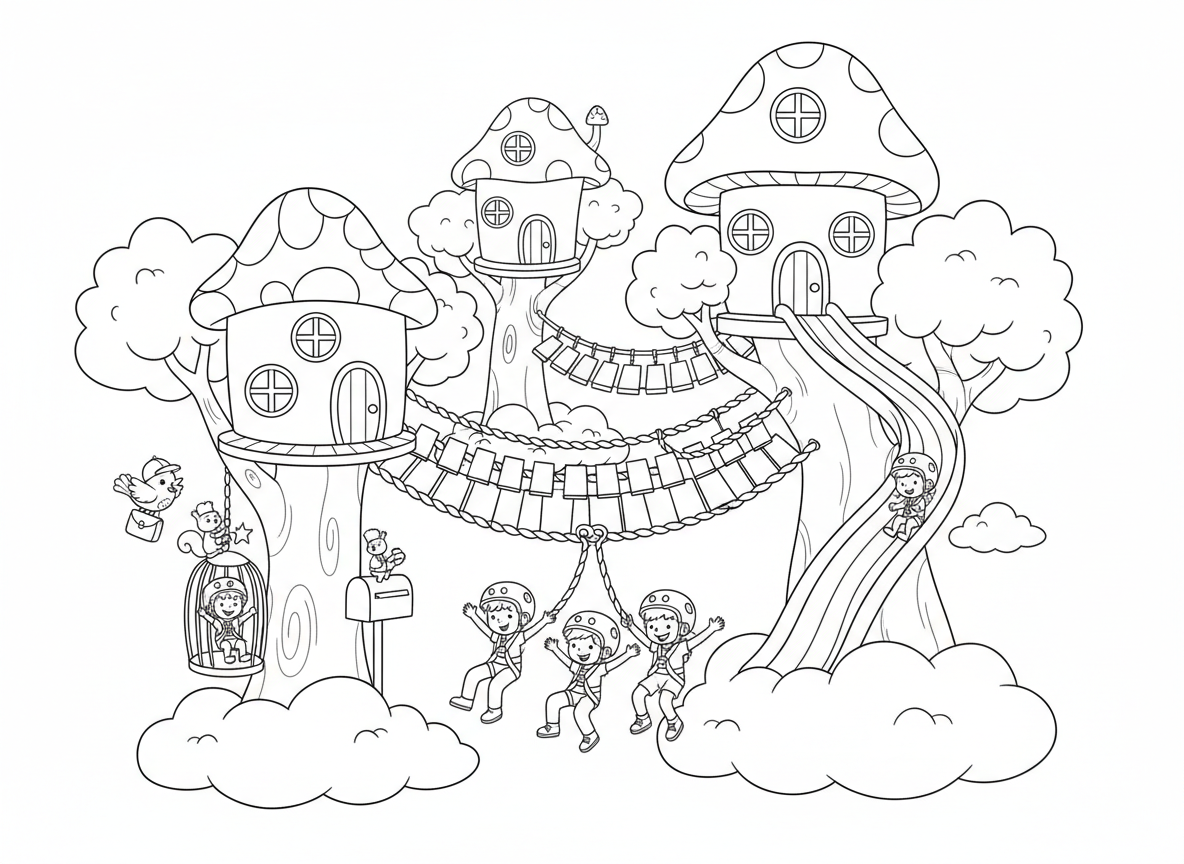 עיר בתי עץ בעננים - בתי עץ רבים מחוברים בגשרי חבל מעל העננים, ילדים גולשים על כבל בין עצים, ציפור דוור מחלק מכתבים, סנאים מפעילים מעליות, ומגלשת מפל קשת בענן