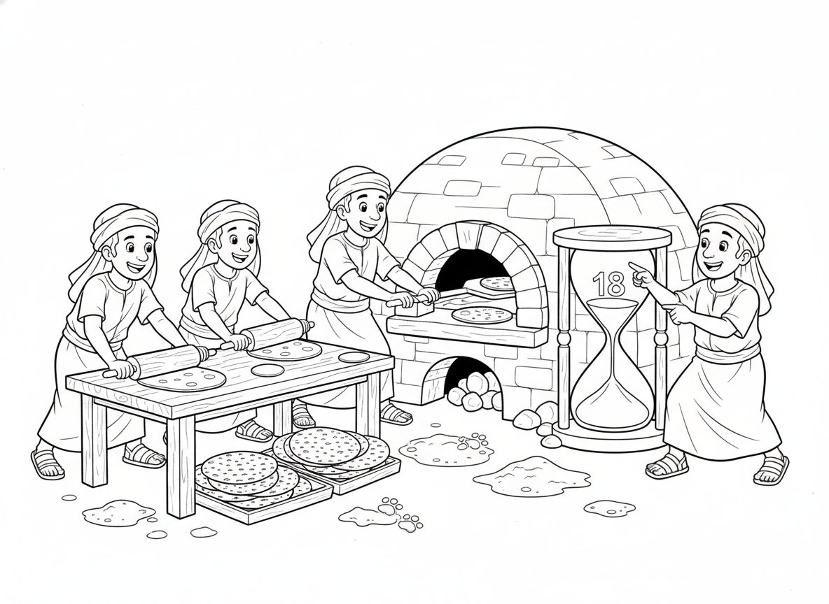 אפיית מצות בתנור עתיק - סצנת מאפייה עתיקה עם אנשים אופים מצות מהר לפני שהבצק תופח, מרדדים בצק, מכניסים לתנור אבן, טיימר מראה 18 דקות, קמח על הרצפה, אופים ממהרים