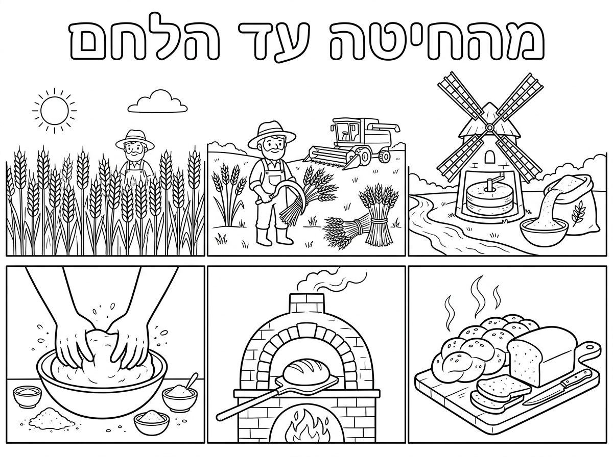 תעשה לי דף צביעה עם כותרת מהחיטה עד הלחם ותצייר את כל התהליך