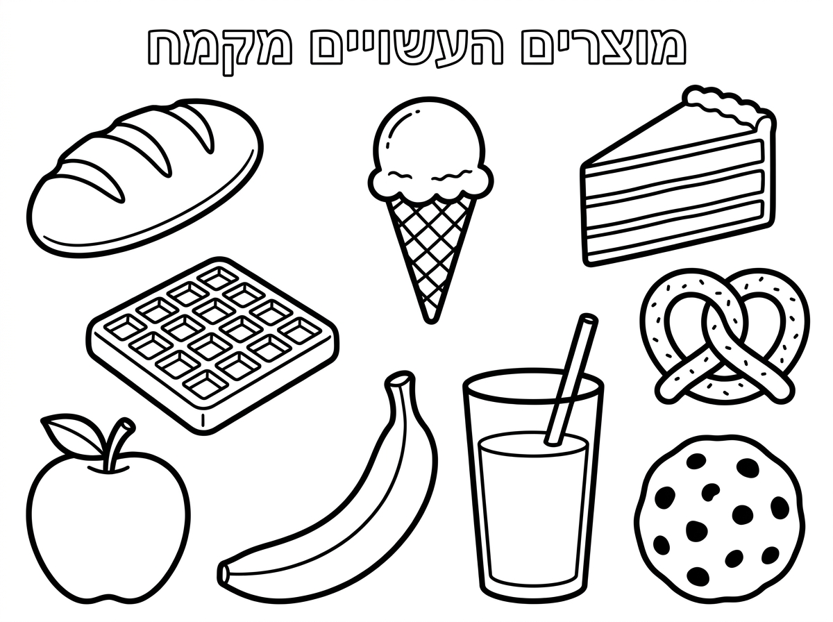 תכין לי דף צביעה שהכותרת שלו מוצרים העשויים מקמח ותכין כל מיני מוצרים. חלק עשויים מקמח וחלק לא, כמו תשים לחם, גלידה, עוגה, וופל, בייגלה, פירות, תשים תפוח, כל מיני מוצרים, חלק עשויים מקמח וחלק לא.