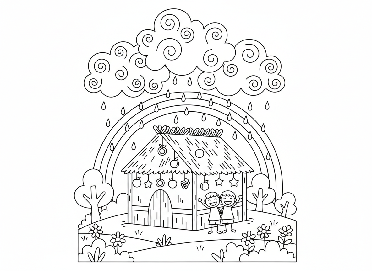 עננים של תפילת גשם מעל סוכה - סצנה אמנותית של עננים מתאספים מעל סוכה המייצגים תפילת גשם, טיפות גשם עדינות מתחילות לרדת, קשת נוצרת, סוכה שמחה למטה, נוף ירוק