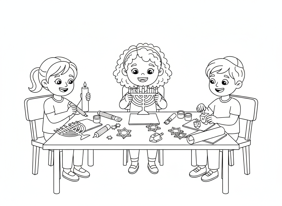 ילדים מכינים יצירות חנוכה - ילדים מכינים יצירות חנוכה ליד שולחן: חנוכיות מנייר, סביבונים מחימר, מקשטים נרות, נצנצים וצבע, אמנות מגן דוד, פעילות יצירה חגיגית כיפית