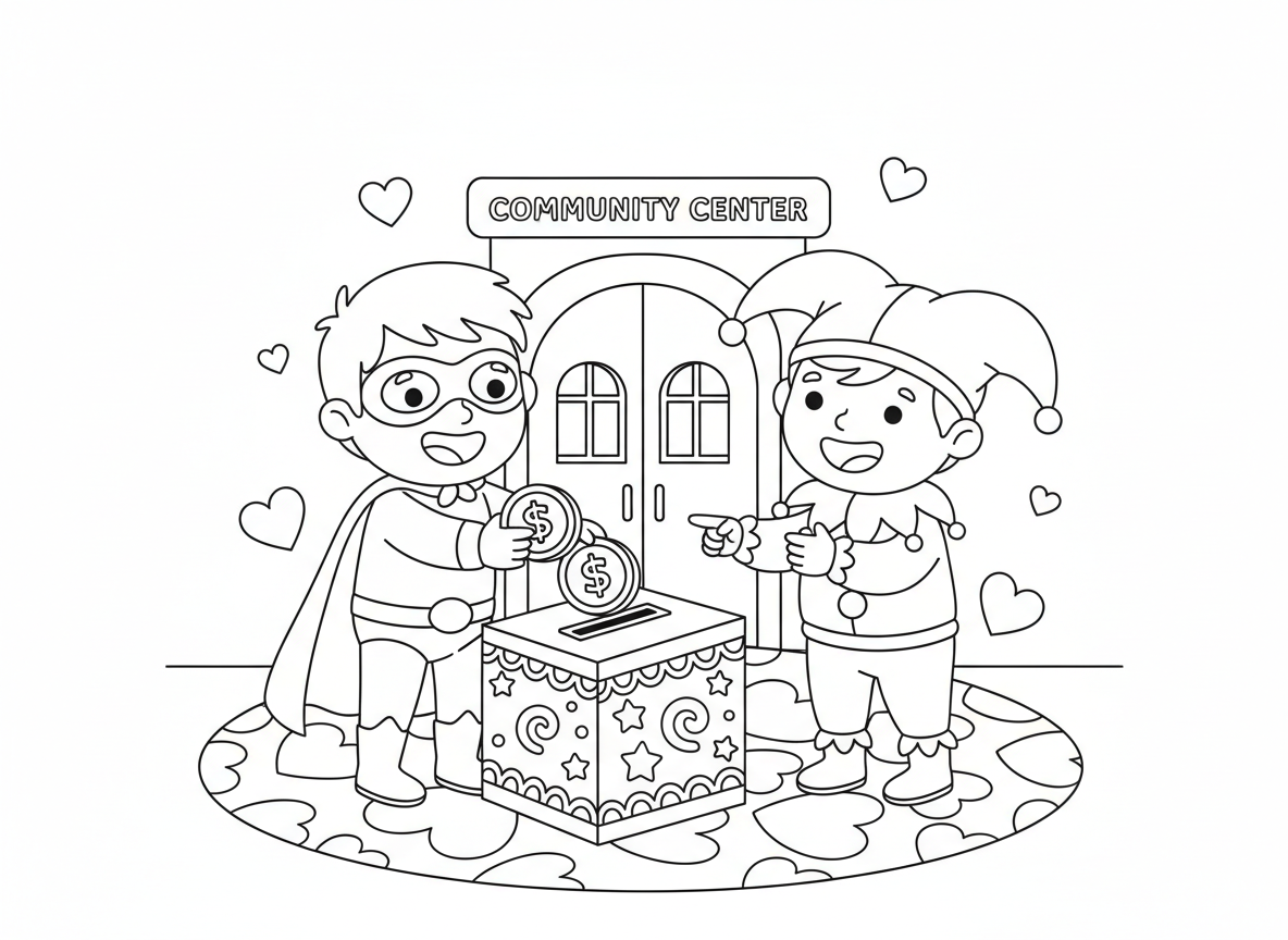 מתנות לאביונים בפורים - ילדים מכניסים מטבעות לקופת צדקה בפורים, קופת צדקה מעוטרת, פרצופים שמחים נותנים, תחפושות על הילדים, רקע מרכז קהילתי, סמלי לב