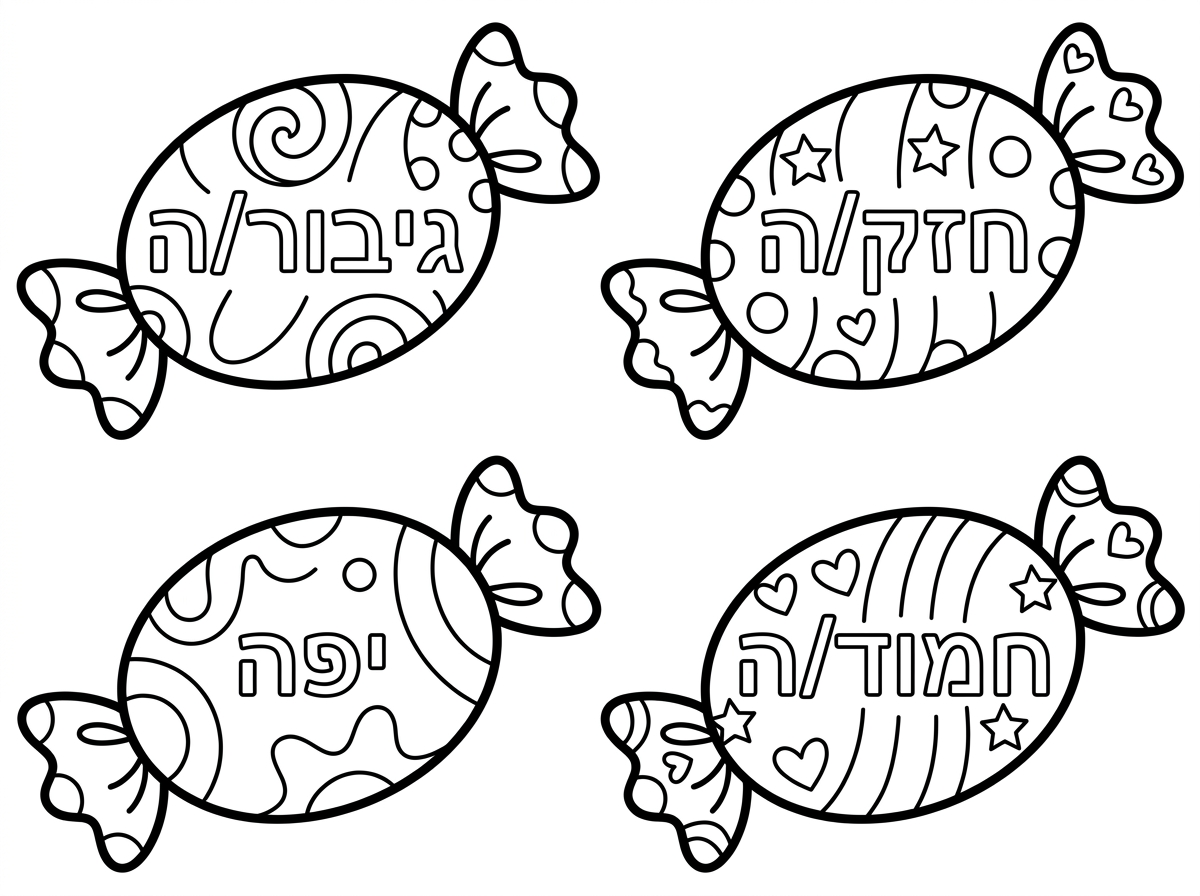 צור לי דף בוא יהיה כארבע סוכריות גדולות סוכריות טופי בצורת אליפסה שתיים למעלה ושתיים למטה בכל סוכריה יהיה מקום להדביק מדבקות ולצבוע ויהיה כתוב מילה טובה כלשהי: למשל: גיבור/ה חזק/ה יפה חמוד/ה על הדף להיות בשחור לבן גדול וברור לגילאי שלוש