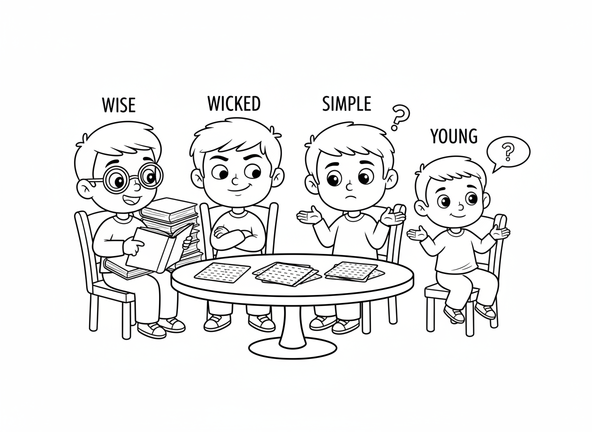 ארבעת הבנים של פסח - ארבעת הבנים מההגדה יושבים יחד: החכם עם משקפיים וספרים, הרשע נראה שובב, התם נראה מבולבל, והקטן שאינו יודע לשאול