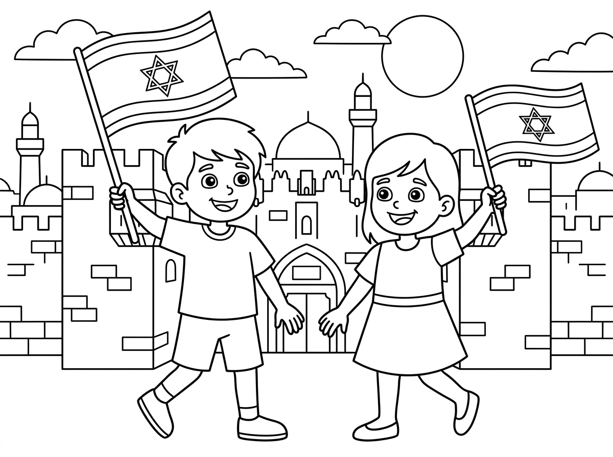 אפשר דף צביעה של ילד וילדה חוגגים יום ירושלים?