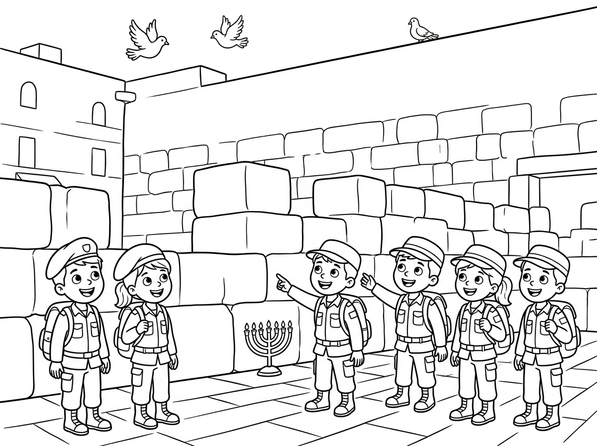 אפשר דף צביעה של חיילים מגיעים לכותל