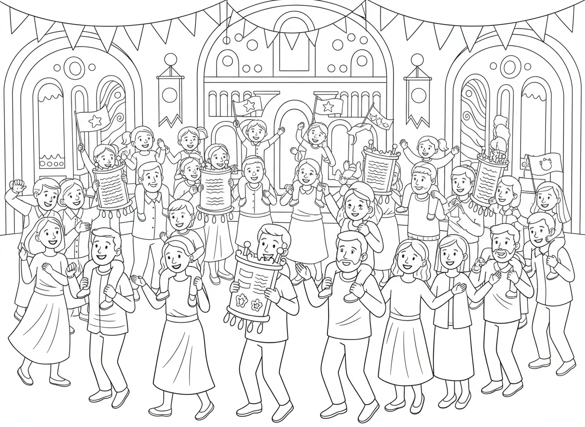 הקפות עם ספר תורה בשמחת תורה - אנשים שמחים רוקדים במעגלים עם ספרי תורה בהקפות שמחת תורה, דגלים מונפים, ילדים על כתפיים, שרים ומוחאים כפיים, בית כנסת מעוטר, שמחה טהורה