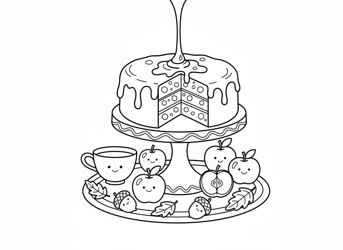 עוגת דבש לראש השנה - עוגת דבש נראית טעימה על מעמד דקורטיבי, חומה מוזהבת, חתוכה להראות את הפנים, טפטוף דבש למעלה, כוס תה לצד, קישוטי תפוחים, שולחן סתווי