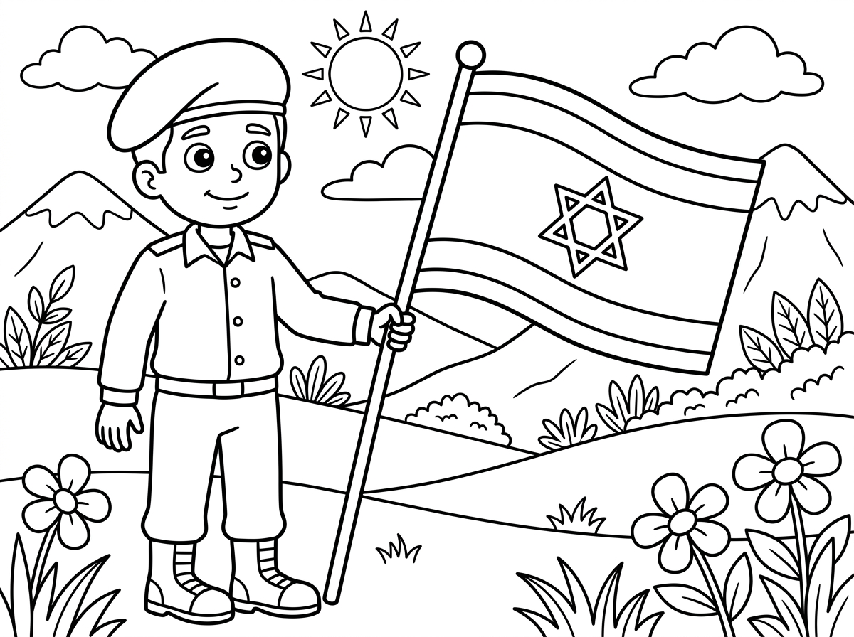 תצייר לי ציור עם חייל ישראלי ודגל ישראל על רקע נוף של הרים