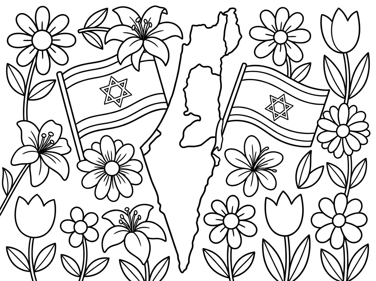 מפה של ארץ ישראל עם דגלי ישראל ופרחים