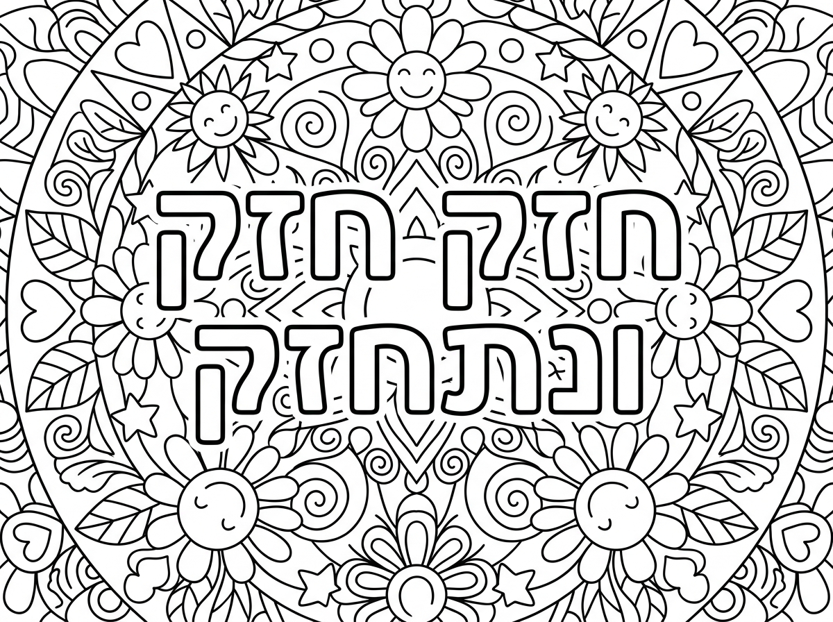 תכין לי בבקשה דף צביעה שכתוב בו 'חזק חזק ונתחזק' באותיות חלולות בסגנון של מנדלה
