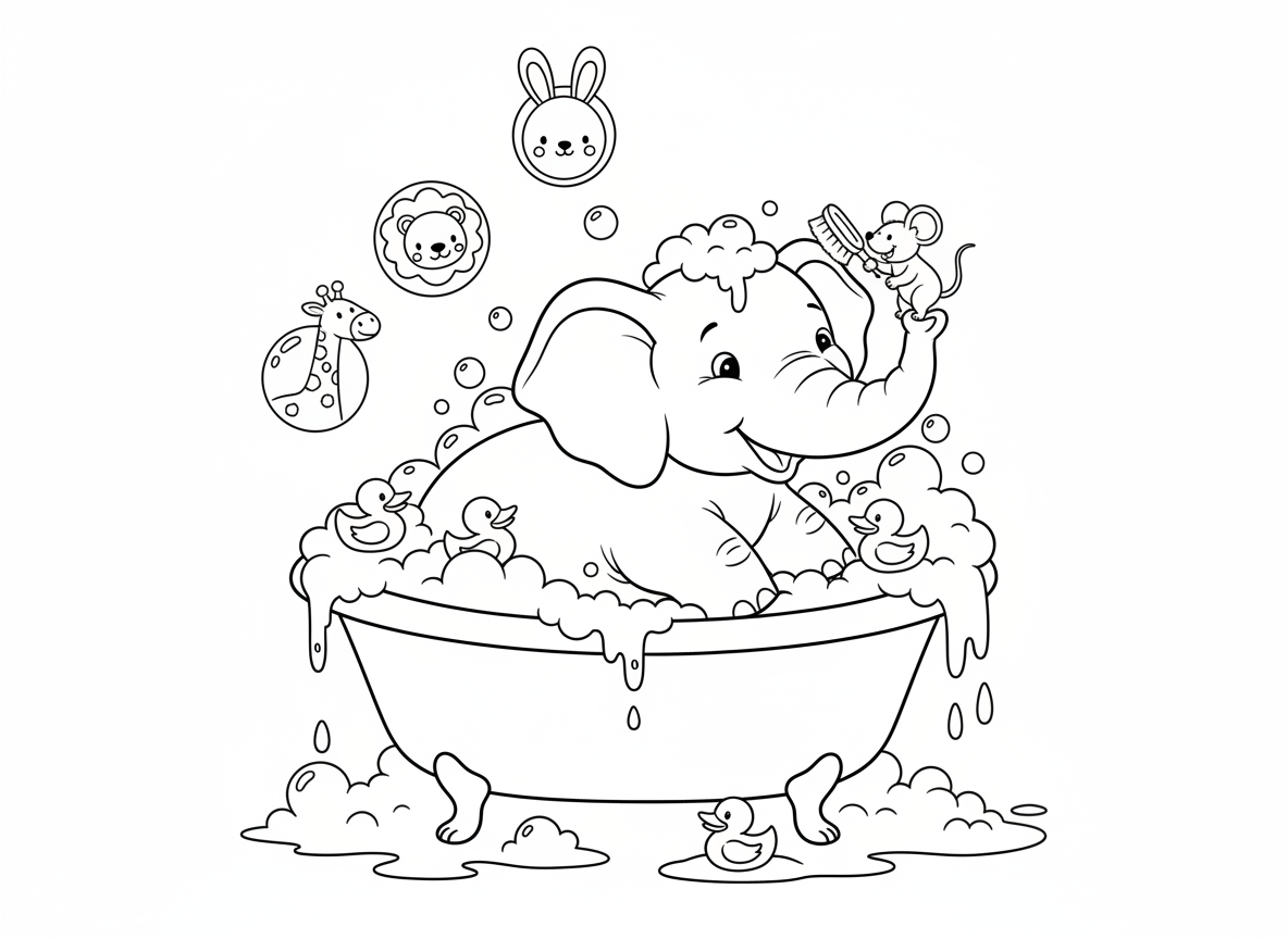 אמבטיית בועות של פיל - פיל ענק באמבטיה זעירה שגולשת בועות, ברווזוני גומי צפים מסביב, עכבר מקרצף את אוזני הפיל עם מברשת זעירה, ובועות סבון בצורת חיות מרחפות באוויר