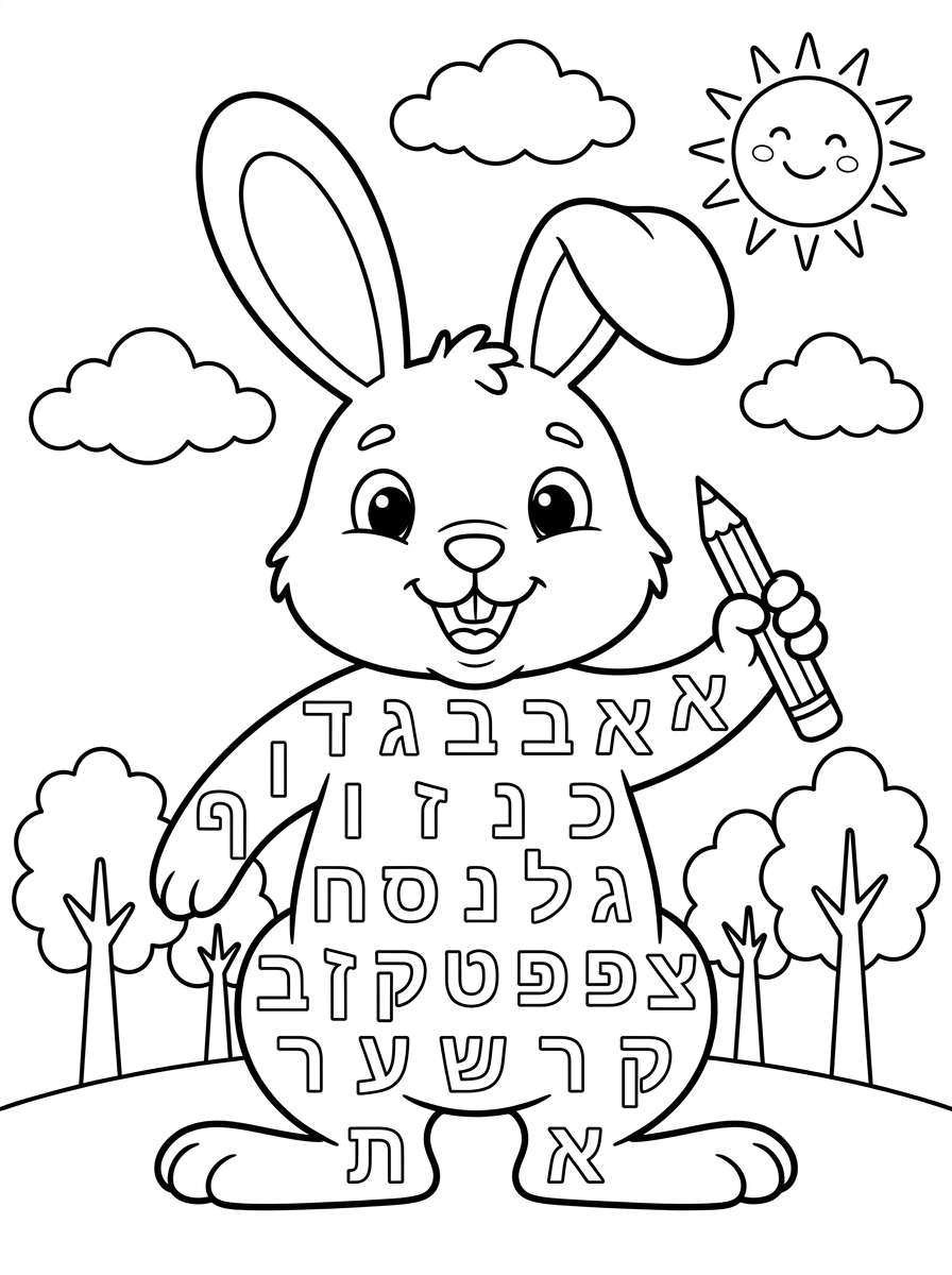 תתקן בבקשה .את הארנב תצייר יותר גדול.כל האותיות החלולות כתובות בשורות ישרות על הגוף שלו.בלי קשקושים על הגוף.שיהיה ברור ונקי לעין