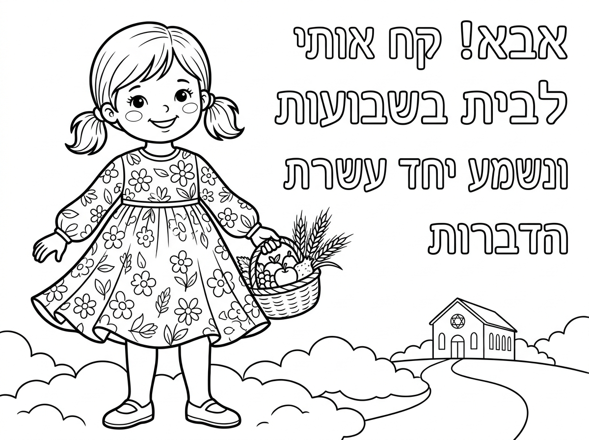 ילדה קטנה עם קוקיות 
שמלה פרחונית חגיגית
שמכסה את הברכיים והמרפק
גרביונים ונעלי שבת

וכתוב:
אבא!
קח אותי לבית הכנסת בשבועות
ונשמע יחד את עשרת הדברות