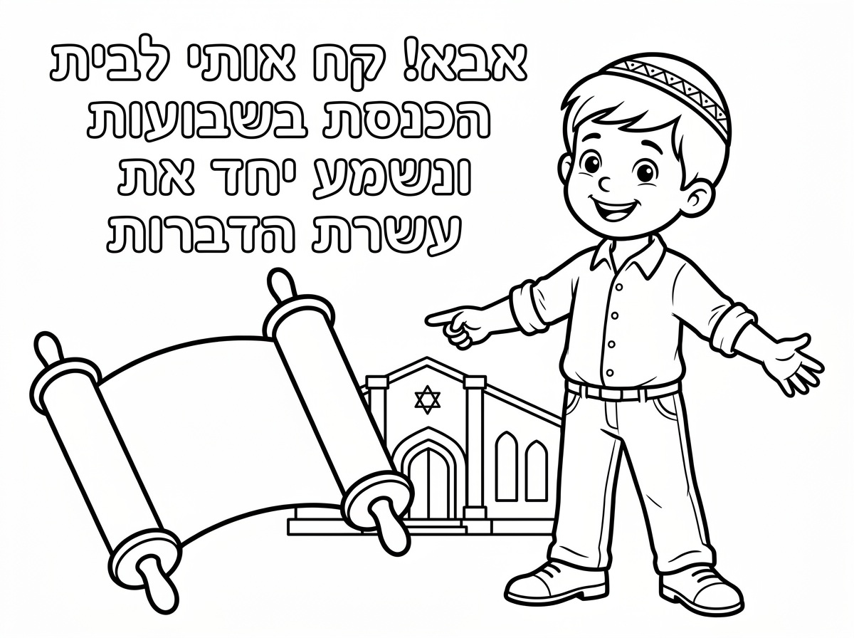 עכשיו אותו הדבר 
ילד קטן בגיל גן
עם כיפה
חולצה לבנה
מכנסיים ארוכים ונעלי שבת

וכתוב:
אבא!
קח אותי לבית הכנסת בשבועות
ונשמע יחד את עשרת הדברות