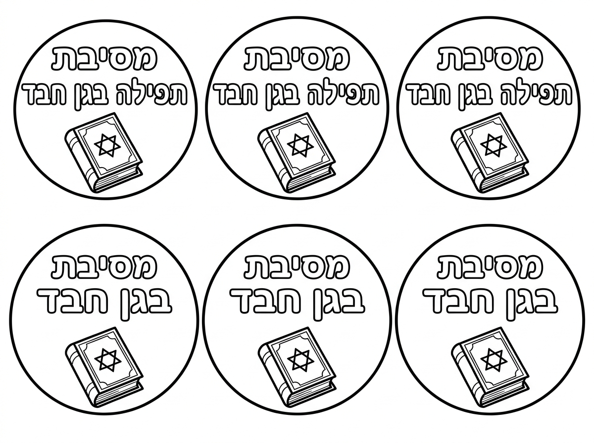תיצור לי דף עם 6 עיגולים שבתוכם כתוב 'מסיבת תפילה בגן חבד' ויש ציור של סידור.