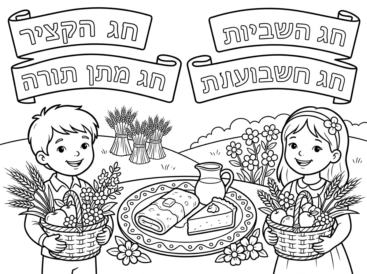 תכין לי דף צביעה לילדים בגן על חג השבועות שיהיה בדף את ארבעת שמות החג וציור לצביעה 
חג הקציר ,חג השבועות ,חג מתן תורה ,עצרת