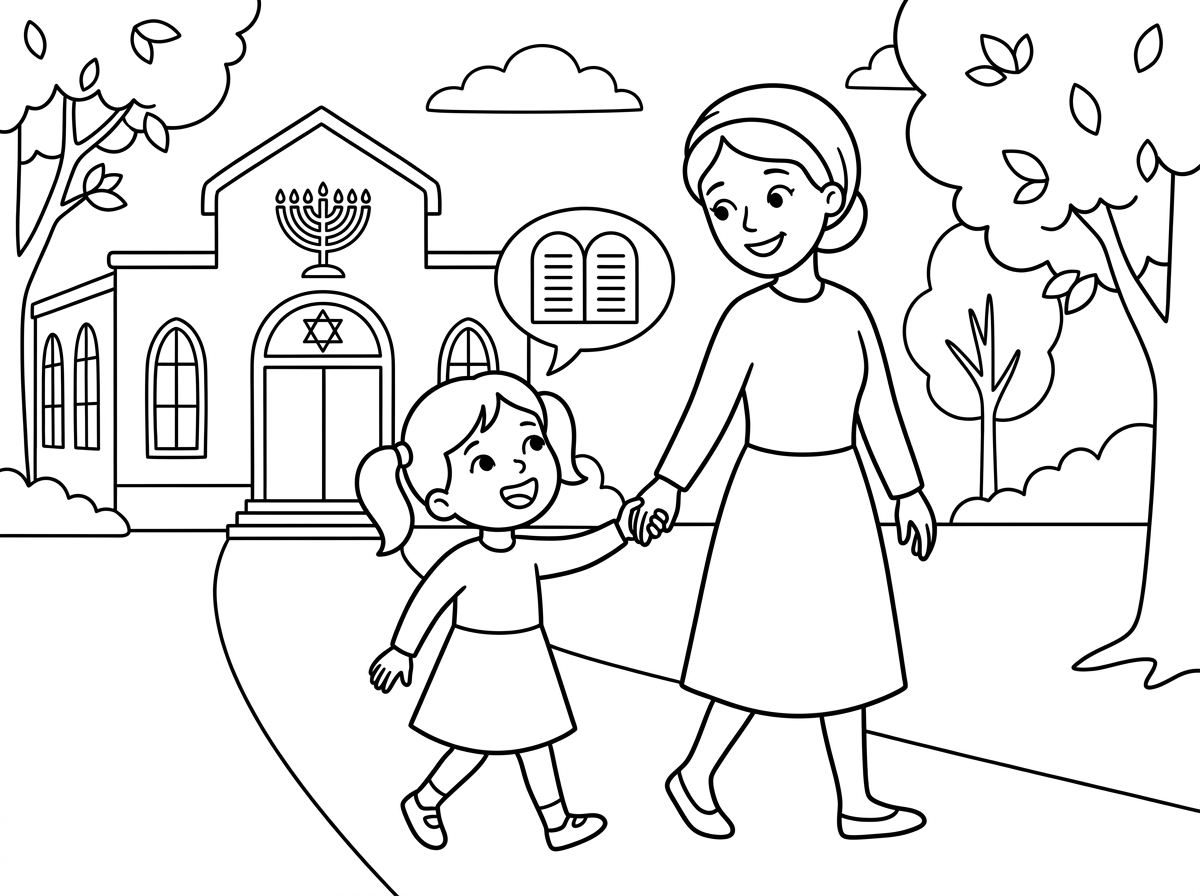 תכין לי דף צביעה עם ילדה שמבקשת מאמא קחי אותי לבית הכנסת שלמוע עשרת הדברות