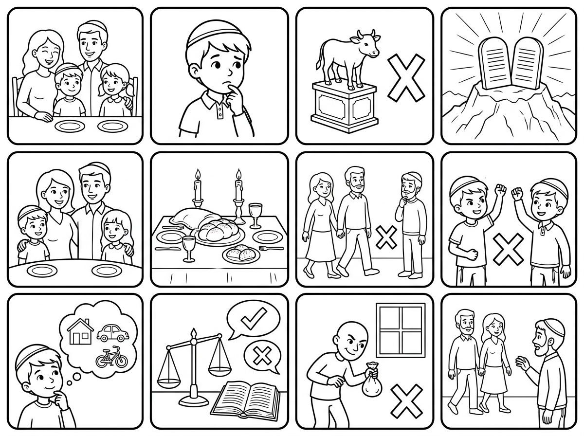 Create one black-and-white coloring page with exactly 10 square memory-game picture cards, arranged in a 5-by-2 grid.

The order must be right-to-left:
Top row, from right to left: cards 1–5.
Bottom row, from right to left: cards 6–10.

Each card must be a separate square card with a simple border.
Do not add any text, letters, Hebrew, English, numbers, titles, labels, or number circles.
Do not create extra cards.
Do not invent new scenes.
Use only the 10 scenes described below.
Clean black outline art only, suitable for children to color.

Important:
All Tablets of the Covenant must be rectangular / square-topped, not rounded.
All Jewish boys and men should wear a small kippah, except the thief in card 8, who must not wear a kippah.

Card 1, top row far right:
The Tablets of the Covenant standing on Mount Sinai, with rays of light from the sky. The tablets are rectangular / square-topped. No people.

Card 2, top row second from right:
A golden calf statue on a small pedestal, with a clear X symbol next to it to show it is forbidden.

Card 3, top row center:
A young Jewish boy wearing a kippah, looking careful and thoughtful, with one hand near his mouth as if remembering to speak respectfully.

Card 4, top row second from left:
A Shabbat table with two candles, covered challah, kiddush cup, and a simple table setting.

Card 5, top row far left:
A father, mother, son and daughter sitting together respectfully and happily. The son wears a kippah.

Card 6, bottom row far right:
Two young Jewish boys wearing kippahs. One boy looks angry and raises his fist as if he might hit, while the other boy steps back upset. Add a clear X symbol between them. No contact, no blood, no injury, no weapons.

Card 7, bottom row second from right:
A modest Jewish husband and wife walking together. The husband wears a kippah. A second adult man, also wearing a kippah, stands a little distance away and looks toward the wife in a way that shows crossing a boundary. Add a clear X symbol near the second man. No touching, no romance, no intimacy.

Card 8, bottom row center:
A thief sneaking near a window with a small sack. Add a clear X symbol. The thief must not wear a kippah.

Card 9, bottom row second from left:
A balanced scale next to a book, representing truth and justice. Add one speech bubble with a check mark and one speech bubble with an X. No words.

Card 10, bottom row far left:
A young Jewish boy wearing a kippah looking at a thought bubble. Inside the thought bubble are simple objects such as a house, toy car, and bicycle, representing things that belong to someone else.

Final instruction:
The image must contain exactly these 10 cards and nothing else. No extra scenes, no extra commandments, no decorative text, no numbers.