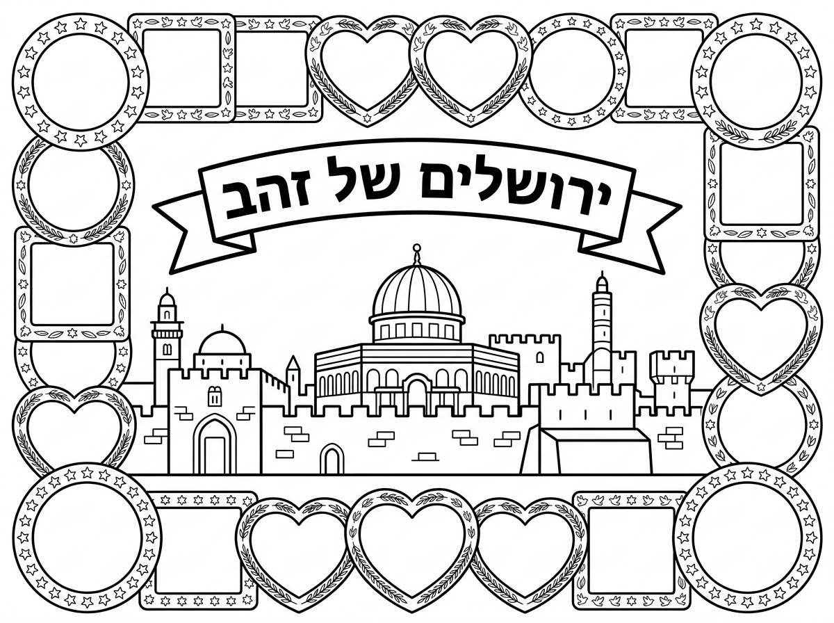 דף צביעה שרשום ירושלים של זהב ומסביב מסגרת שמתאימה לשים מדבקוצ