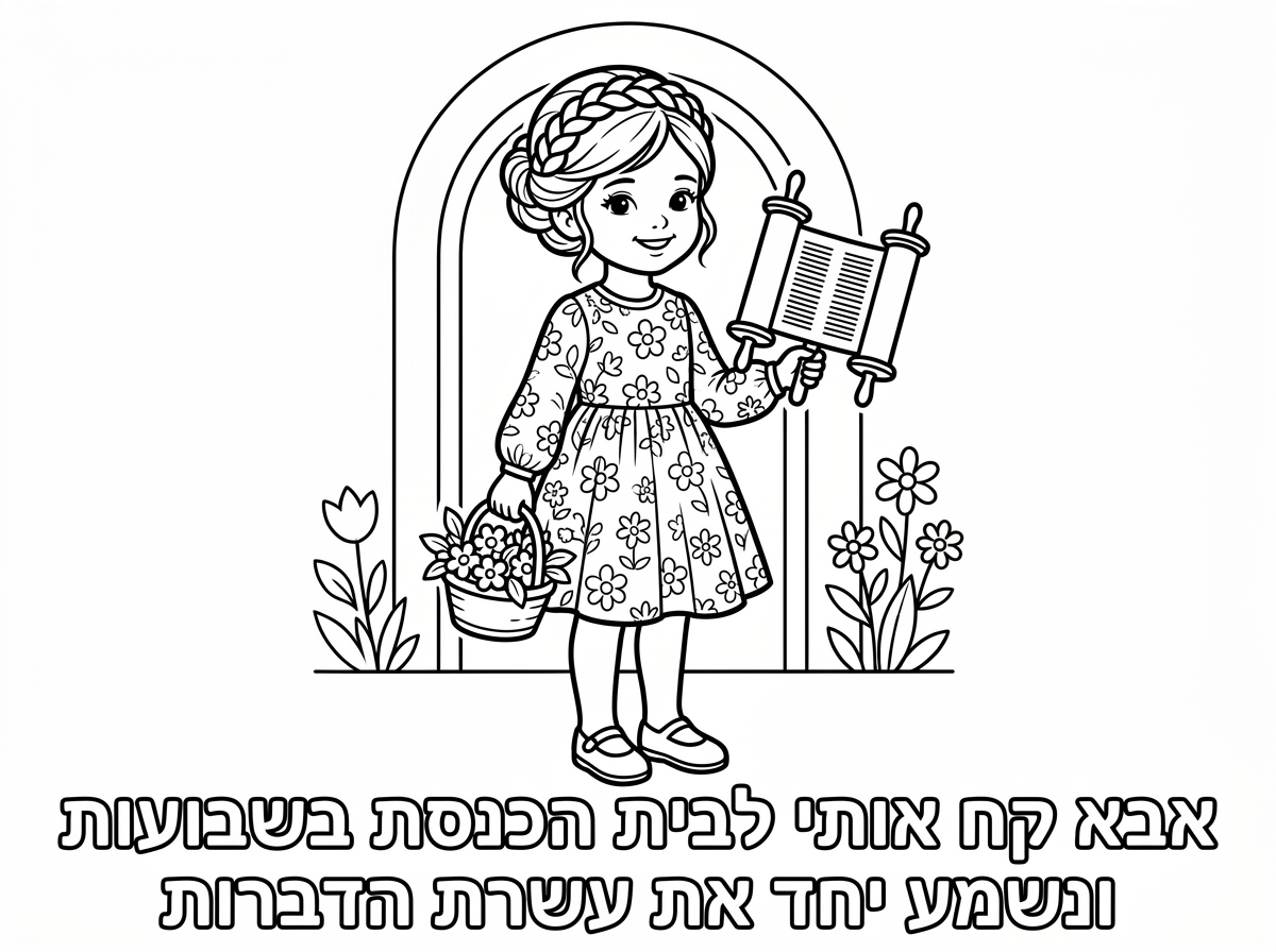 ילדה קטנה בגיל גן עם תסרוקת אסופה חגיגית
שמלה פרחונית שמכנס את הברכיים והמרפקים
גרביונים ונעלי שבת

וכתוב:

אבא
קח אותי לבית הכנסת בשבועות
ונשמע יחד את עשרת הדברות