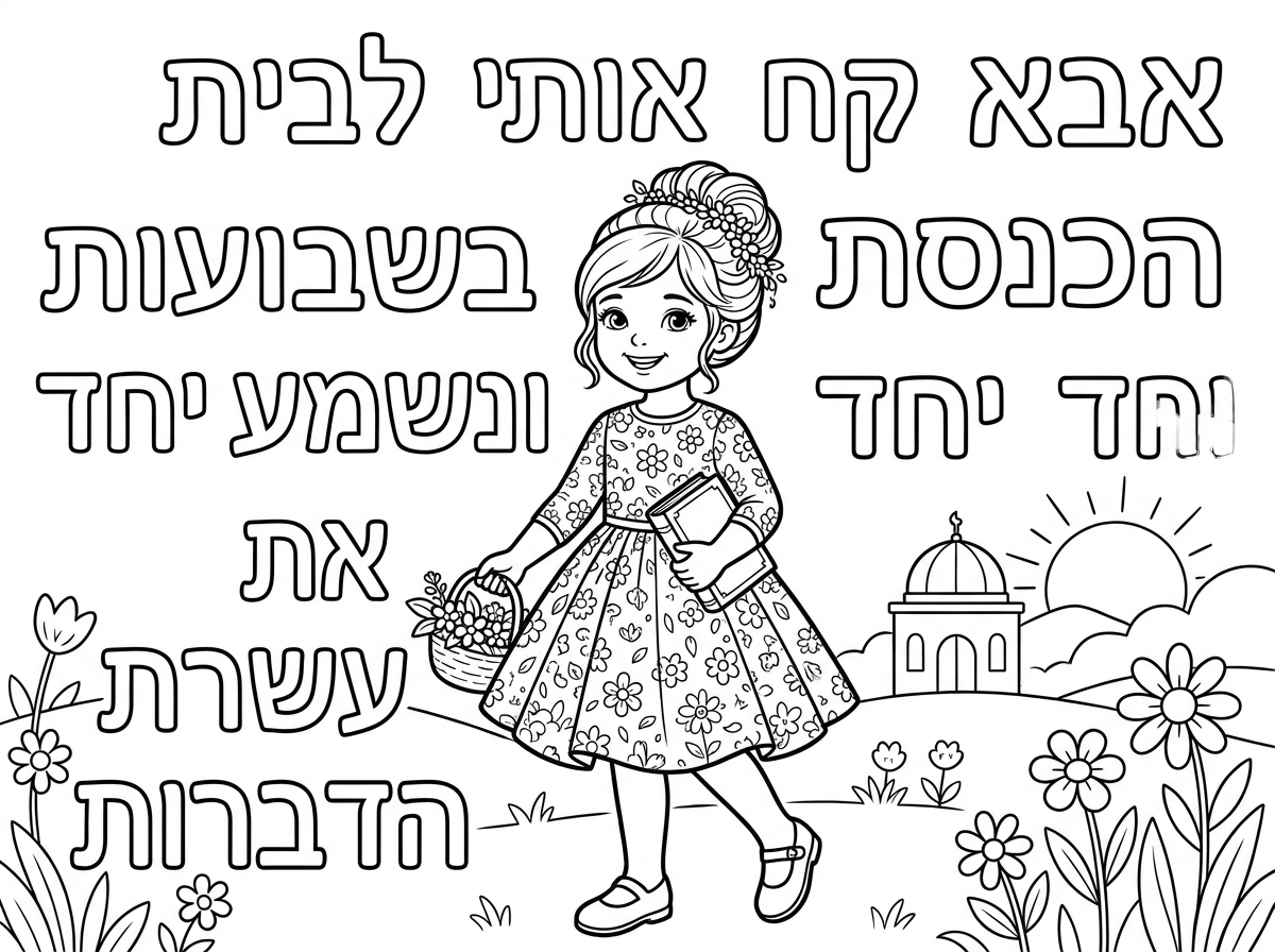 נא לדייק בטקסט
ילדה קטנה בגיל גן עם תסרוקת אסופה חגיגית
שמלה פרחונית שמכנס את הברכיים והמרפקים
גרביונים ונעלי שבת

וכתוב:

אבא
קח אותי לבית הכנסת בשבועות
ונשמע יחד את עשרת הדברות