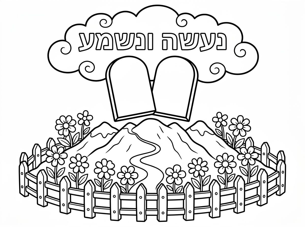 שני מלבנים שהם לוחות הברית
מעל ענן

הענן והלוחות מעל הר עם הרבה פרחים סביב ההר יש גדר נמוכה מעץ 
וכתוב:
נעשה ונשמע