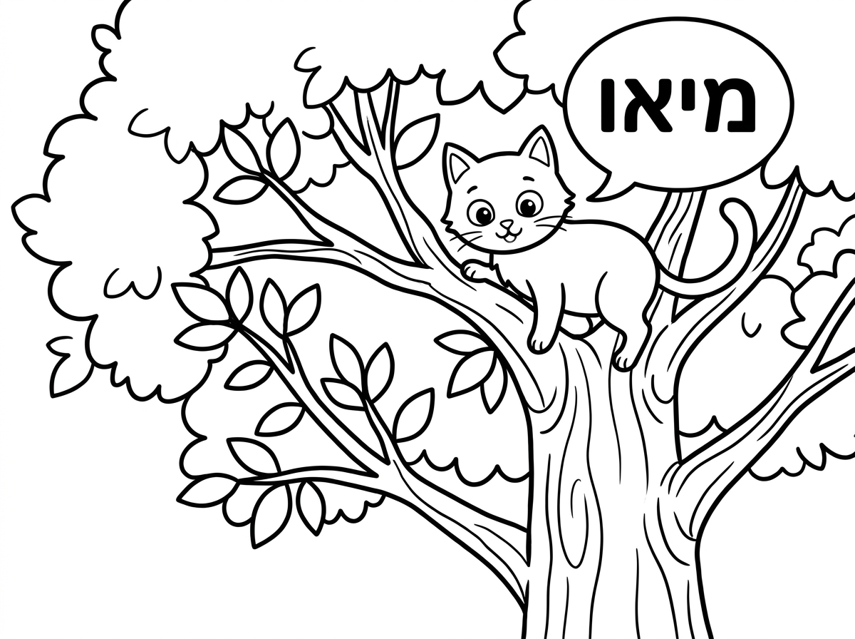 צייר ציור של חתולה שתקועה על עץ ויש בועת דיבור והיא אומרת מיאו